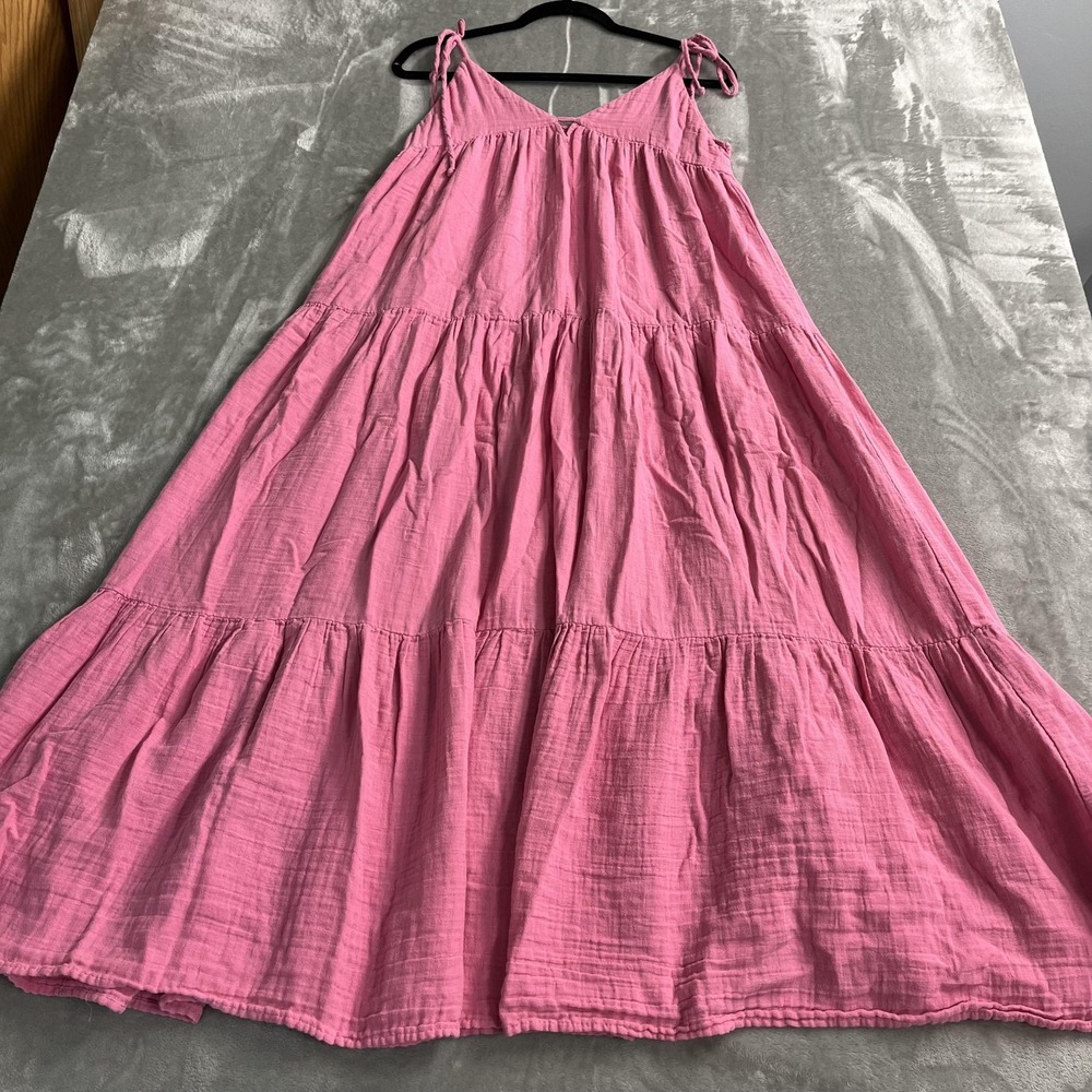 Zara Dress Womens XS Pink Cotton Tiered Maxi Sundress Tie Strap Boho Swing